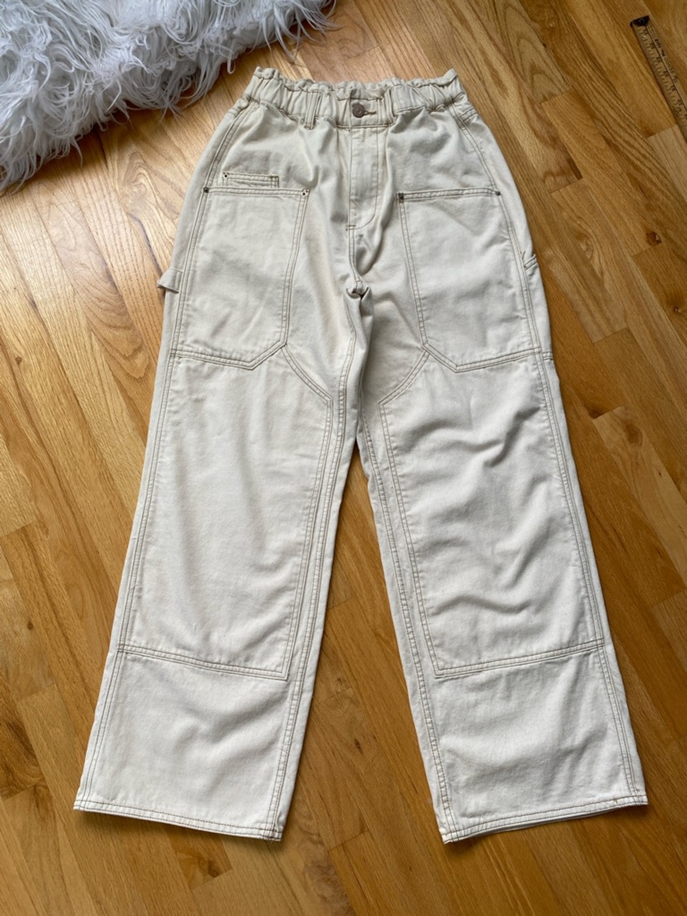 Beige Workwear Wide Straight-Leg Carpenter  Elastic Waist Pants